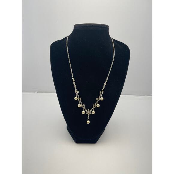 Vintage  Crown PD Delicate Faux Pearl Silver tone Chain Y Drop Necklace B18 - Picture 5 of 11